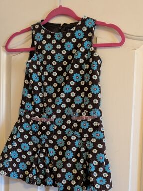 Mini Boden Brown Dress with Blue and White Floral Print and Pink Pocket Trim
